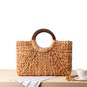 Wooden ring Portable Women straw Bag